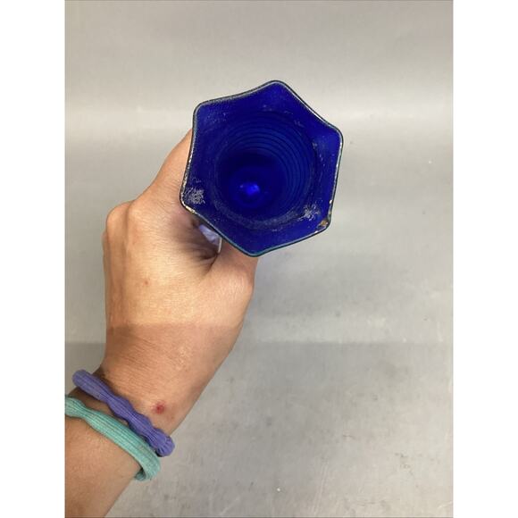 Vintage Cobalt Blue Glass Vase With Gold Stripes - 12”H - Picture 5 of 9